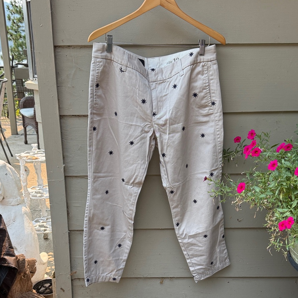 J. Crew Women’s Cream Scout Chinos with blue embroidered Star Pattern. Size 12